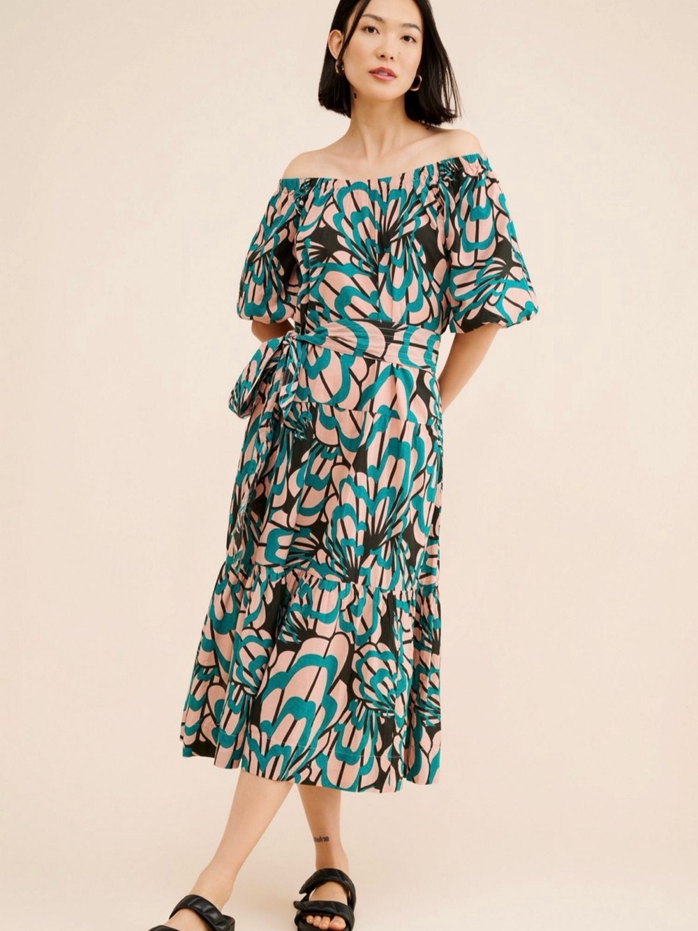 Mirth Capri Floral Off Shoulder Midi Dress Belted Puff Sleeve Resort Dress Small